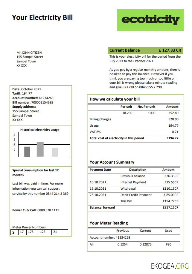 United Kingdom Ecotricity electricity utility bill template in Word and PDF format (.doc and .pdf)